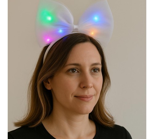 Rengarenk Led Işıklı Fiyonk Şekilli Tül Parti Tacı Beyaz Renk 25x25 cm