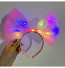   Rengarenk Led Işıklı Fiyonk Şekilli Tül Parti Tacı Pembe Renk 25x25 cm