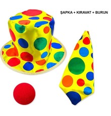 Renkli Palyaço Kostüm Seti – 3 Parça Aksesuar (Şapka, Kravat, Burun)