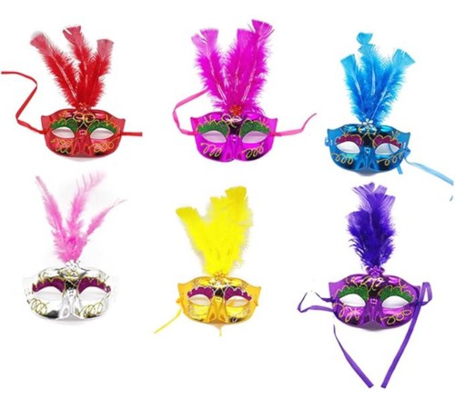 Renkli Tüylü Venedik Parti Maskesi Karışık Renk 12 Adet