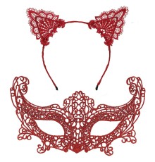 Romantik Kırmızı Dantel Maske Seti – Kedi Kulaklı Taç ve Maske 3 No