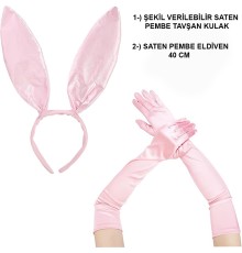 Saten Kaplama Soft Pembe Eldiven 40 cm ve Tavşan Kulak 2 li Set