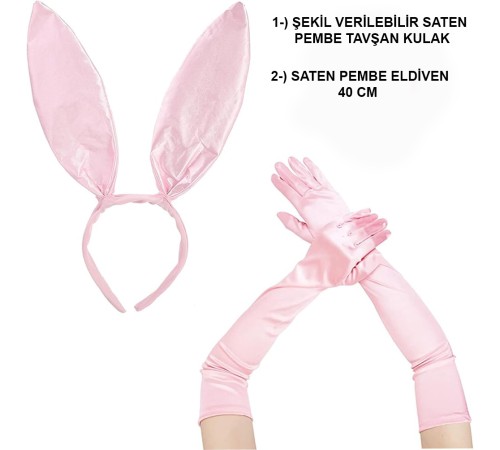 Saten Kaplama Soft Pembe Eldiven 40 cm ve Tavşan Kulak 2 li Set Saten Kaplama Soft Pembe Eldiven 40 cm ve Tavşan Kulak 2 li Set