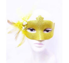 Sim İşlemeli İnci Boncuk Detaylı Tüylü Balo Maskesi Altın Renk 13x18 cm