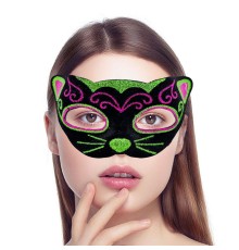 Siyah Kadife Kaplama Üzeri Pembe Yeşil Sim İşlemeli Kedi Maskesi 20x13 cm