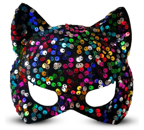 Siyah Kadife Kumaş Üzerine Rengarenk Payetli Pullu Parti Maskesi 16x14 cm