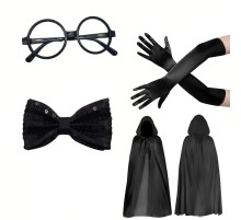 Siyah Kapüşonlu Büyücü ve Cadı Pelerin Kostüm Seti (4 Parça)