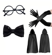 Siyah Kapüşonlu Büyücü ve Cadı Pelerin Kostüm Seti (4 Parça)