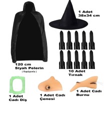 Siyah Kapüşonlu Pelerin 120 cm Tırnaklar Diş Çene Burun ve Şapka Seti