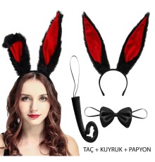 Siyah Kırmızı Renk Peluş Tavşan Kulak Papyon Kuyruk Yetişkin Boy