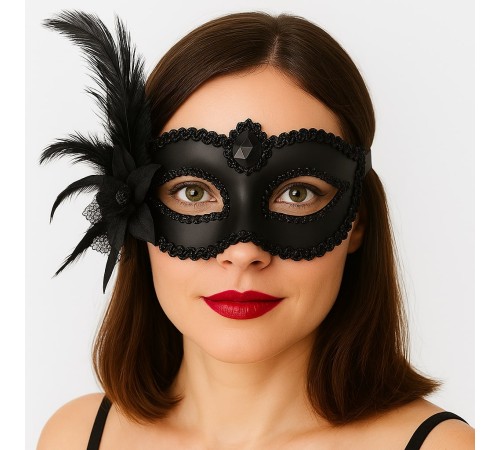 Siyah Mat Renk Yandan Tüylü Güllü Parti Balo Venedik Maskesi 16x22