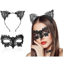 Siyah Renk Dantel Maske ve Dantel Kulak Taç Seti Yetişkin No 10