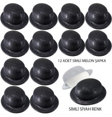   Siyah Renk Simli Melon Yuvarlak Parti Şapkası 12 Adet