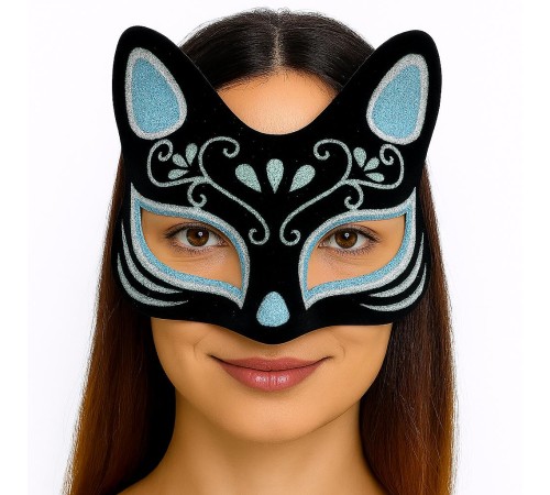 Siyah Renk Süet Kaplama Üzeri Gümüş Mavi Simli Kedi Maskesi 17x14 cm
