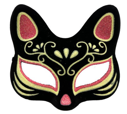 Siyah Renk Süet Kaplama Üzeri Kırmızı Sarı Simli Kedi Maskesi 17x14 cm