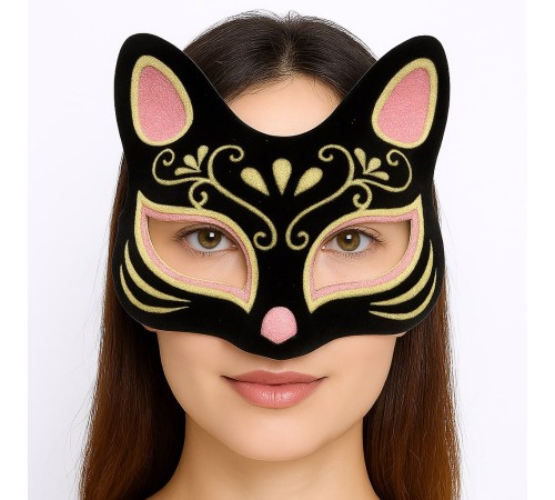 Siyah Renk Süet Kaplama Üzeri Pembe Sarı Simli Kedi Maskesi 17x14 cm