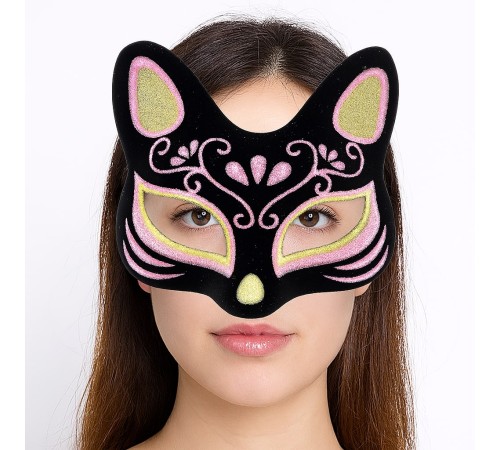 Siyah Renk Süet Kaplama Üzeri Sarı Pembe Simli Kedi Maskesi 17x14 cm
