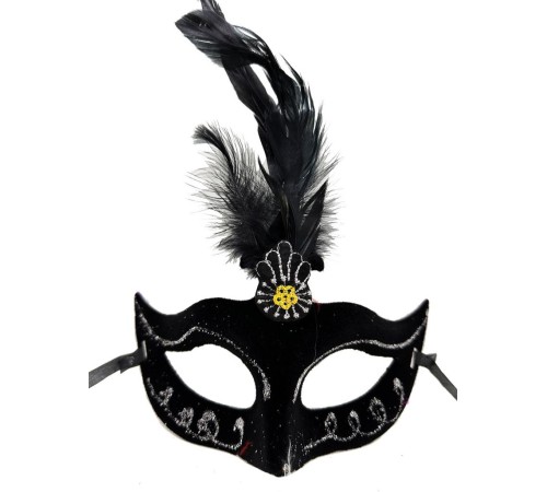 Siyah Renk Tüylü Siyah Süet Kaplama Parti Balo Maskesi 20X16 cm