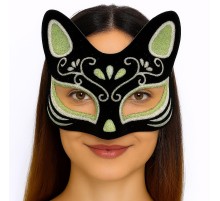 Siyah Renk Üzeri Gümüş Yeşil Simli Süet Kaplama Kedi Maskesi 17x14 cm