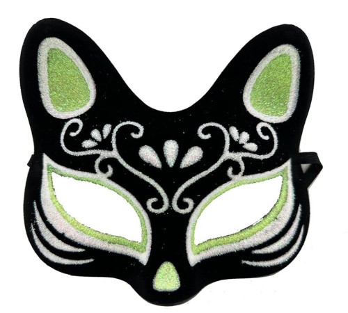 Siyah Renk Üzeri Gümüş Yeşil Simli Süet Kaplama Kedi Maskesi 17x14 cm