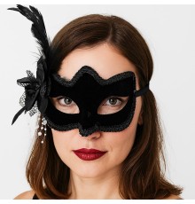 Siyah Renk Yandan Tüylü Beyaz İncili Süet Kaplama A Kalite Lüks Parti Maskesi 20x23 cm