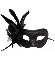 Siyah Renk Yandan Tüylü Pul Payet İşlemeli Parti Maskesi 23x12 cm