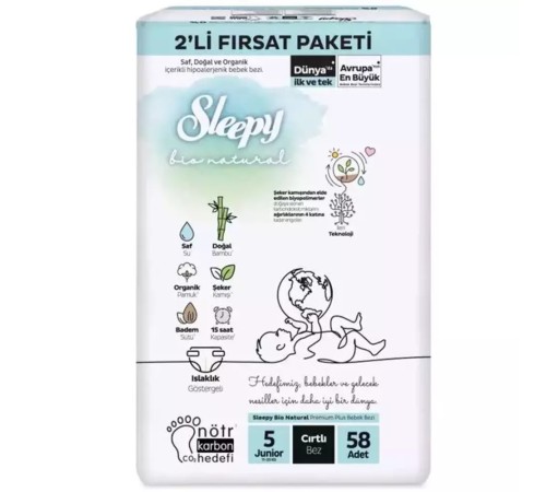 Sleepy Bio Natural Bebek Bezi 2'Li Fırsat Paketi 5 Beden 58 Adet Sleepy Bio Natural Bebek Bezi 2'Li Fırsat Paketi 5 Beden 58 Adet