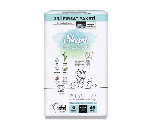 Sleepy Bio Natural Bebek Bezi 2'Li Fırsat Paketi 6 Beden 46 Adet Sleepy Bio Natural Bebek Bezi 2'Li Fırsat Paketi 6 Beden 46 Adet