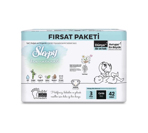 Sleepy Bio Natural Bebek Bezi Fırsat Paketi 3 Beden 42 Adet Sleepy Bio Natural Bebek Bezi Fırsat Paketi 3 Beden 42 Adet