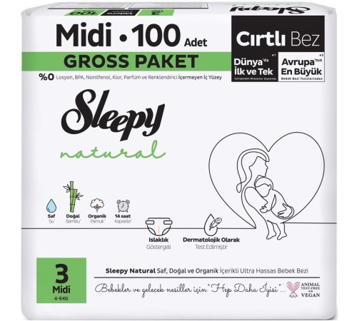 Sleepy Natural Bebek Bezi Gross Paket 3 Beden 4-9 Kg 100 Adet Sleepy Natural Bebek Bezi Gross Paket 3 Beden 4-9 Kg 100 Adet
