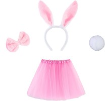 Tavşan Tacı Eteği Papyonu ve Kuyruk Kostüm  Seti Pembe Renk Çocuk Boy