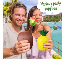 Tropikal Parti Bardak Seti – Ananas ve Hindistan Cevizi Şekilli Pipetli Bardaklar (20 Adet)