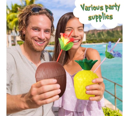 Tropikal Parti Bardak Seti – Ananas ve Hindistan Cevizi Şekilli Pipetli Bardaklar (20 Adet)