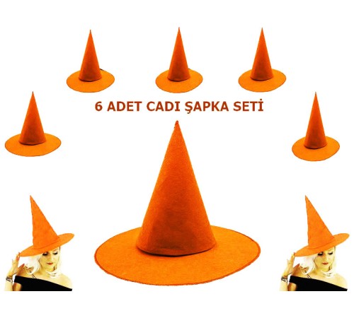 Turuncu Renk Keçe Cadı Şapkası Yetişkin Çocuk Uyumlu 6 Adet