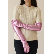 Uzun Boy Ekstra Parlak Saten Eldiven Pembe Renk