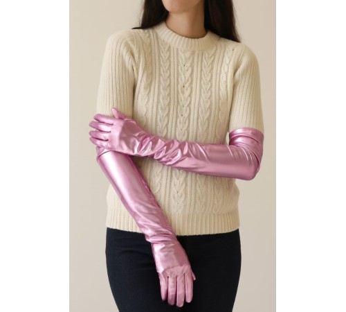 Uzun Boy Ekstra Parlak Saten Eldiven Pembe Renk