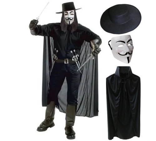V For Vendetta Maskesi Şapkası ve Pelerin Kostüm Seti Yetişkin Boy V For Vendetta Maskesi Şapkası ve Pelerin Kostüm Seti Yetişkin Boy