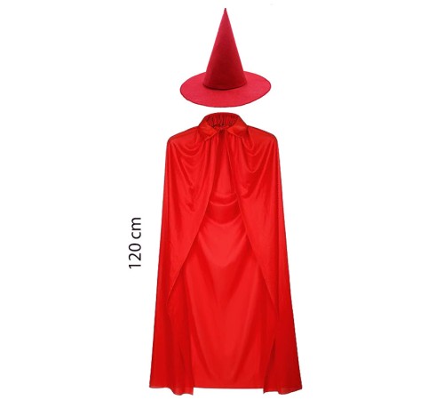 Yetişkin Boy 120 cm Kırmızı Yakalı Pelerin ve Kırmızı Cadı Şapkası Yetişkin Boy 120 cm Kırmızı Yakalı Pelerin ve Kırmızı Cadı Şapkası