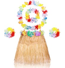 Yetişkin Çocuk Hawaii Parti Seti - 40 cm Naturel Etek + Çiçek Aksesuarlar (5 Parça)