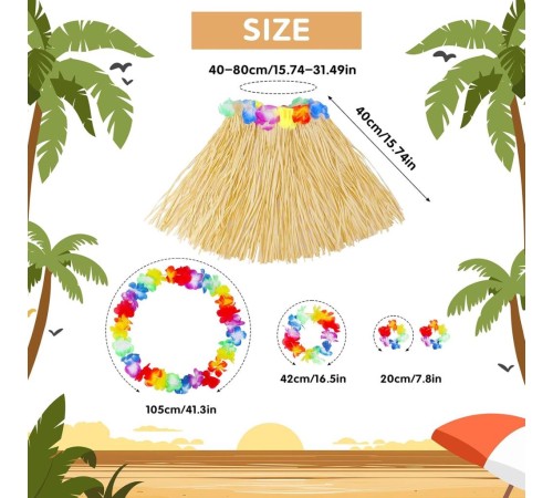 Yetişkin Çocuk Hawaii Parti Seti - 40 cm Naturel Etek + Çiçek Aksesuarlar (5 Parça) Yetişkin Çocuk Hawaii Parti Seti - 40 cm Naturel Etek + Çiçek Aksesuarlar (5 Parça)