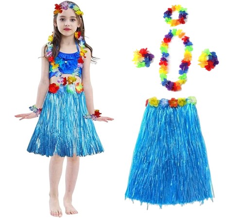   Yetişkin ve Çocuk Uyumlu Hawaii Luau Aloha Mavi Püsküllü Etek Kolye Taç ve 2 Adet Bileklik Seti