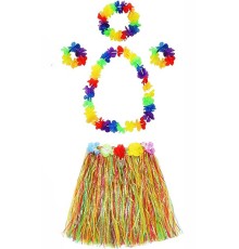 Yetişkin ve Çocuk Uyumlu Luau Aloha Hawaii  Kolye Renkli Etek Taç ve Bileklik Seti