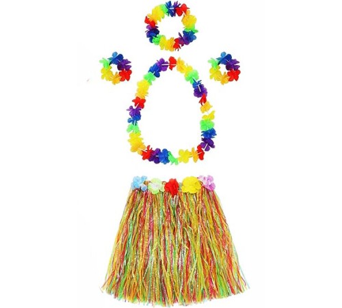 Yetişkin ve Çocuk Uyumlu Luau Aloha Hawaii  Kolye Renkli Etek Taç ve Bileklik Seti