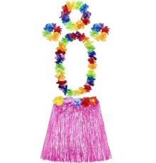 Yetişkin ve Çocuk Uyumlu Luau Aloha Hawaii Pembe Etek ve Renkli Kolye Taç 2 Adet Bileklik Seti