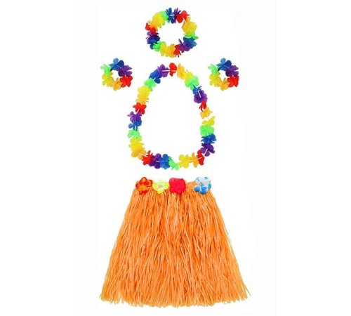 Yetişkin ve Çocuk Uyumlu Luau Aloha Hawaii Turuncu Etek ve Renkli Kolye Taç 2 Adet Bileklik Seti