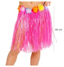 Yetişkin ve Çocuk Uyumlu Pembe Renk Püsküllü Hawaii Luau Hula Etek 40 cm