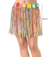 Yetişkin ve Çocuk Uyumlu Rengarenk Püsküllü Hawaii Luau Hula Etek 40 cm