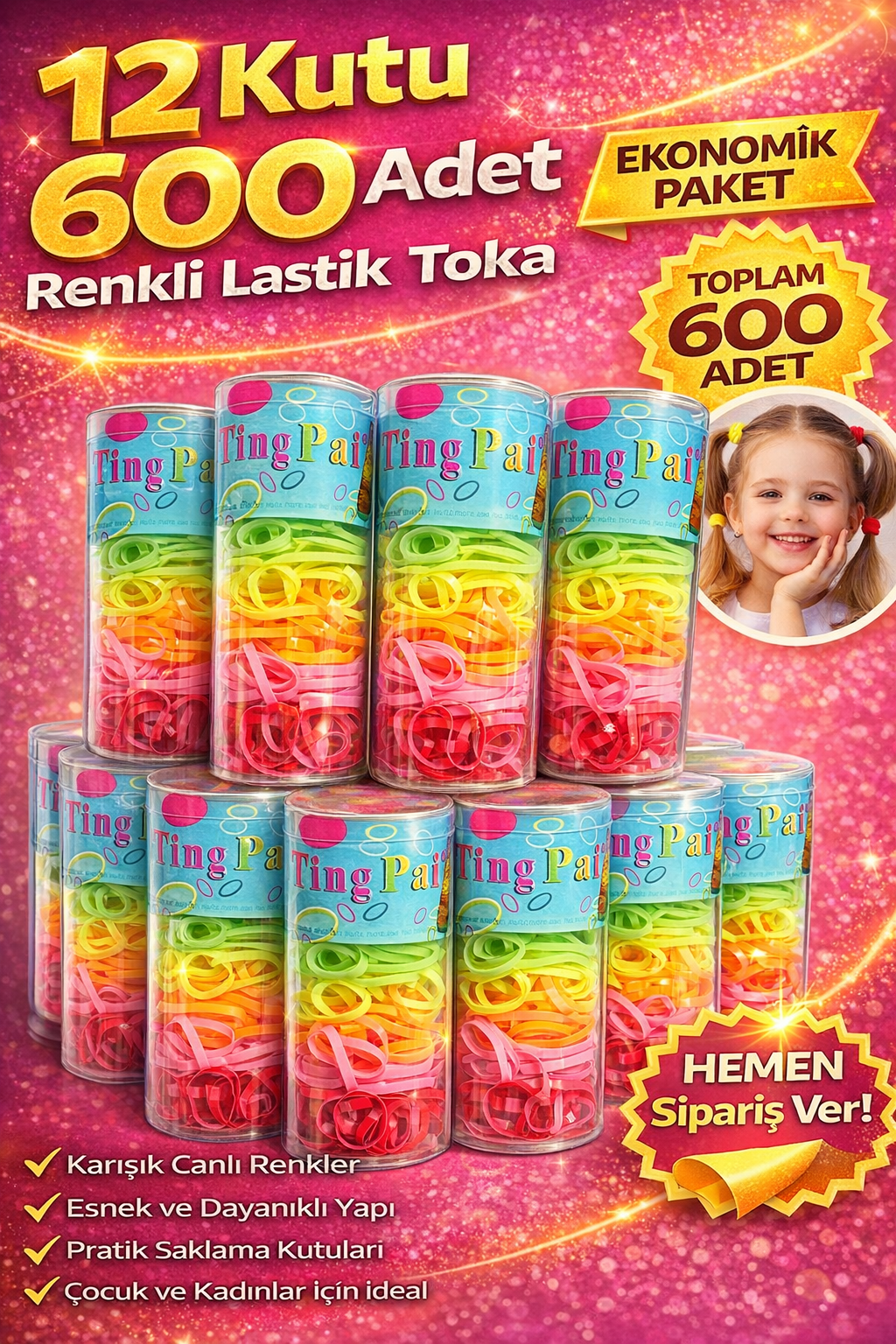 12 Kutu 600 Adet Renkli Lastik Toka Seti Karışık Renkli Saç Lastiği Çocuk ve Kadın Saç Tokası