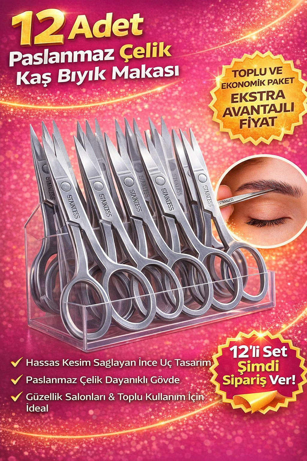 12 Adet Paslanmaz Çelik Kaş Bıyık Makası Profesyonel Kaş Düzeltme Makası Hassas Uçlu Kaş Alma Makası