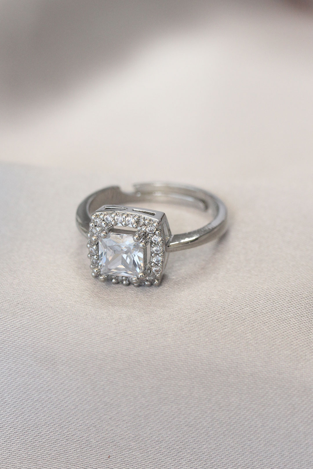 Silver Color Baget and Zircon Stone Square Ring